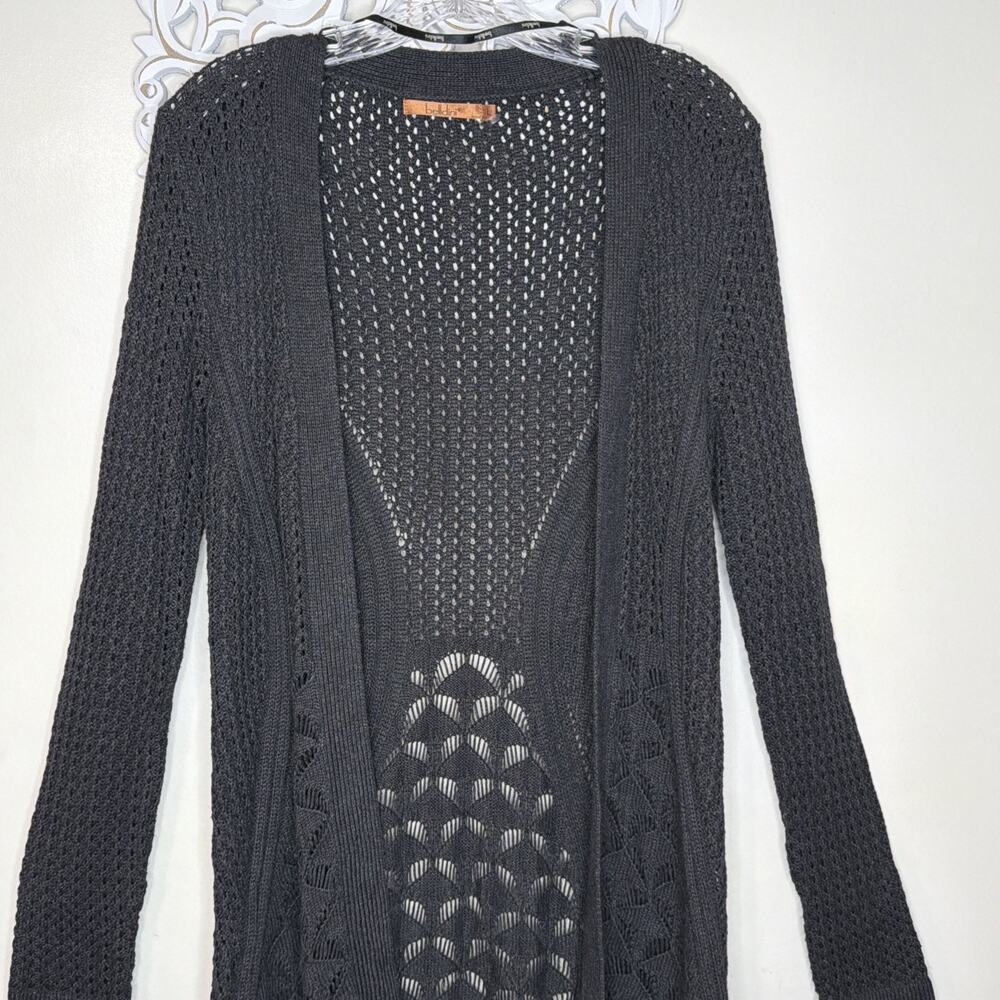BELLDINI Women's size LARGE Open Front Sweater Cardigan Eyelet Knit Dark GRAY - Picture 2 of 15